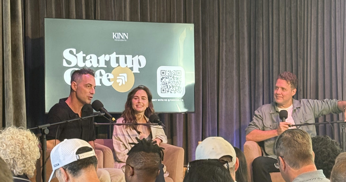 Mark Manson speaking on stage at Startup Cafe, hosted by the Kin, at a founder fireside in Los Angeles