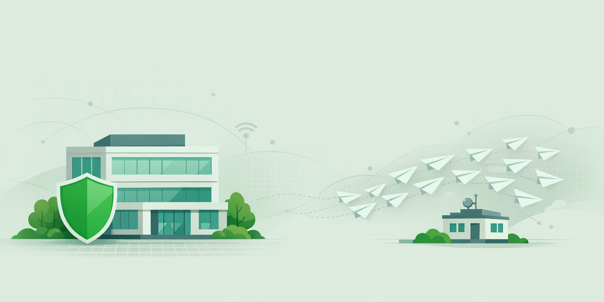A protected main office building with a shield, separated from a small outpost sending paper plane emails, illustrating a dedicated cold email sending domain